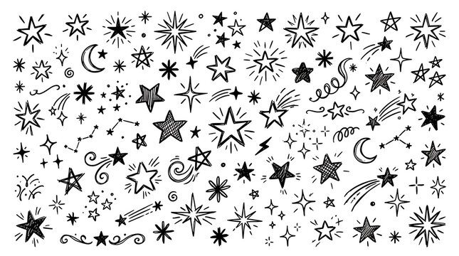 Various hand drawn star shapes and celestial elements in a playful doodle style during nighttime