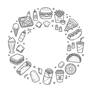 Fast Food Junk Food Snacks and Drinks Doodle Circle Frame