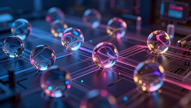 Futuristic 3D crystal nodes connected by data fibers
