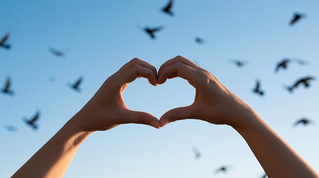 hands forming heart shape with flying birds