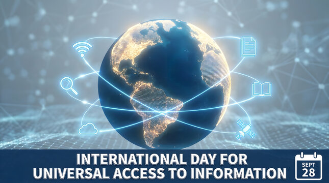Digital globe representing international day for universal access to information with global connectivity icons.