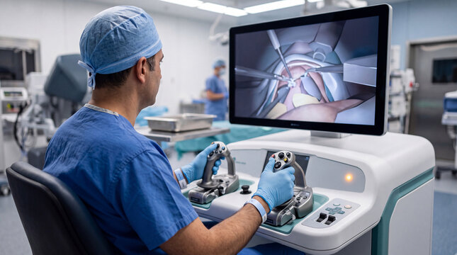 Surgeon operating a robotic surgery console