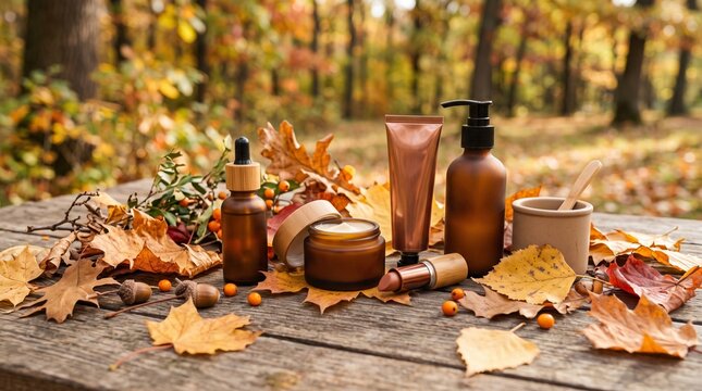 Autumn theme base cosmetic product display mockup image..