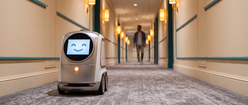 Service robot navigating a hotel corridor