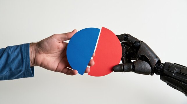 human hand and robot arm holding red blue
