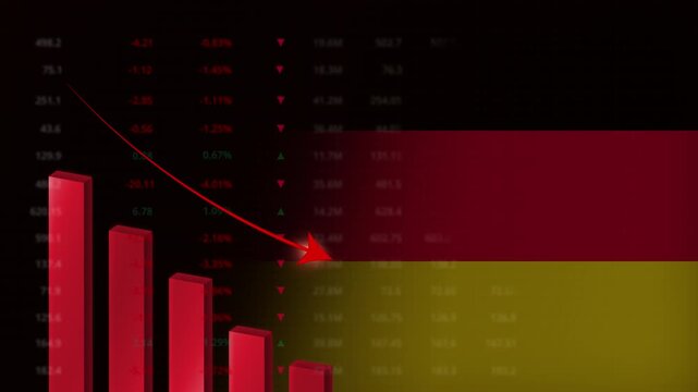Economic crisis in Germany concept background.Red falling graph animation with German flag.Stock market crash