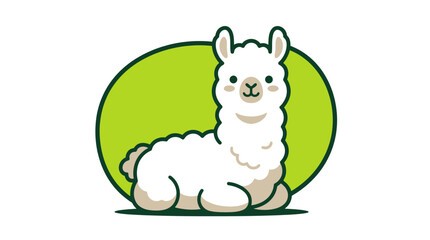 Fototapeta premium Cute white alpaca mascot illustration with green background circle.