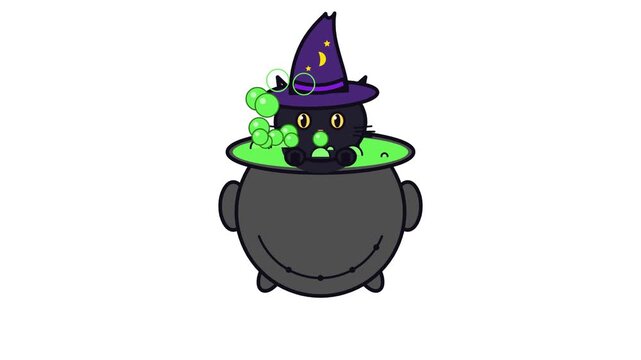 Cute cartoon black cat wearing a witch hat in a bubbling green potion cauldron, Halloween vector animation on a white background.