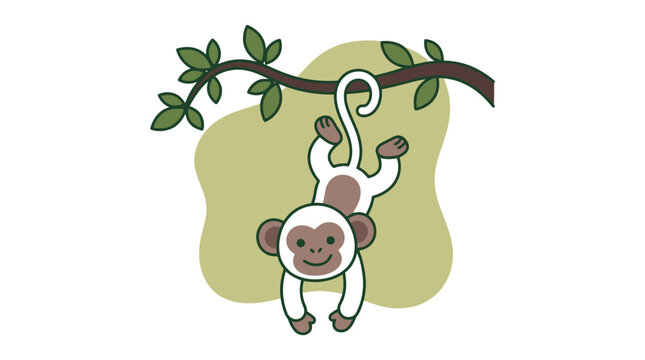 Cute minimalist monkey hanging upside down from a tree branch. Simple vector illustration of a playful white and brown primate.