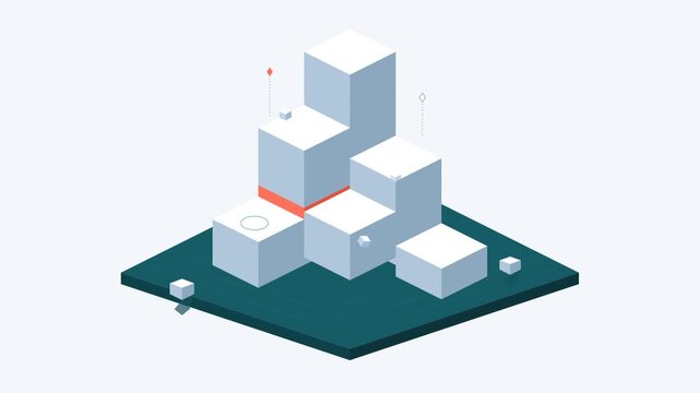 Isometric 3d blocks animation with glowing red line and floating geometric shapes