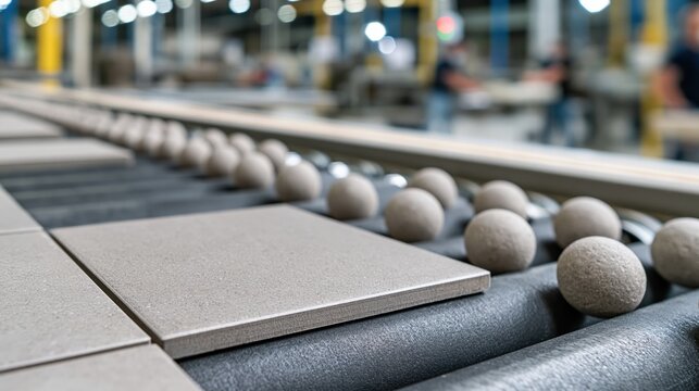Ceramic tiles and spheres moving along factory conveyor
