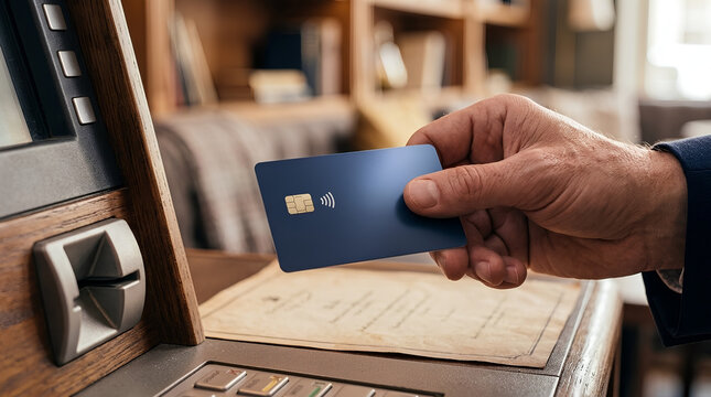 Man hand holding a blank blue debit card near an automated teller machine