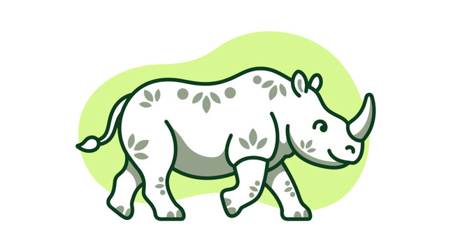 Minimalist rhino vector illustration with green leaf patterns and organic theme.