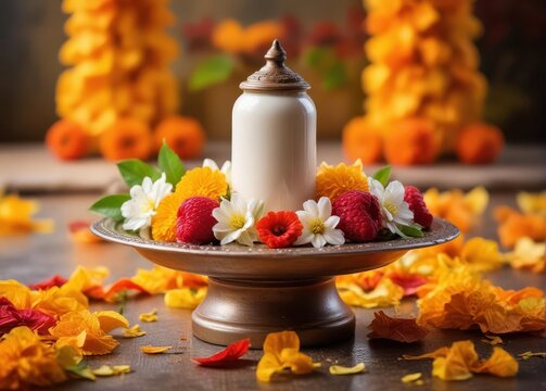 Close-up of traditional shivling (holy peak) adorned with vibrant flowers and a milk offering