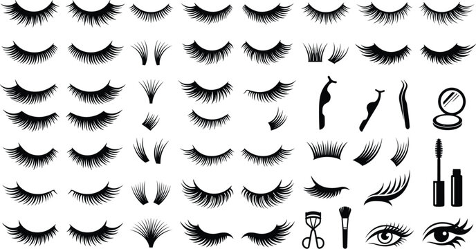 Black eyelash and eye makeup icon collection featuring false lashes, lash extensions, mascara, tweezers, brushes, eyelash curlers, and cosmetic accessoriesBlack eyelash and eye makeup icon collection