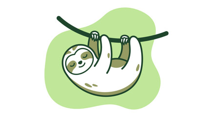 Fototapeta premium Cute cartoon sloth hanging from a vine, minimalist flat vector illustration.