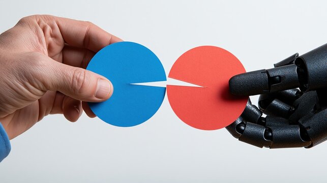 Human hand and robot arm joining blue red