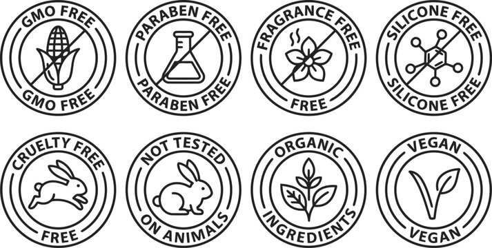 Set of black and white round vegan and cruelty free product labels and icons