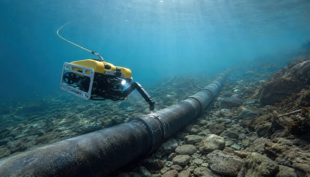 Drone inspecting a submarine cable at a coastal landing zone