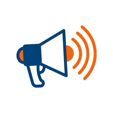 A blue and orange megaphone emits sound waves to communicate public messages and promotional announcements for business marketing campaigns requiring effective audio reach for various global