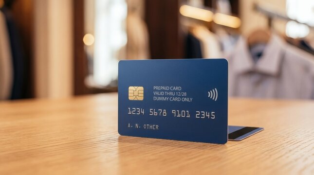 Blue dummy prepaid credit card standing upright on a wooden counter in retail shop