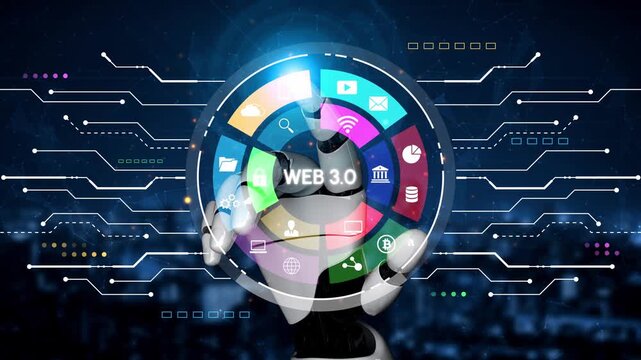 Futuristic Robotic Hand Presenting Interactive Web 3.0 Technology with Colorful Icons Representing Digital Innovations and Connectivity. Entropy.