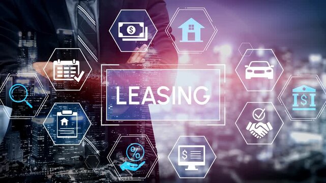 Businessman in Suit Overlooking Cityscape with Digital Icons Representing Leasing, Finance, and Real Estate Transactions. Entropy.