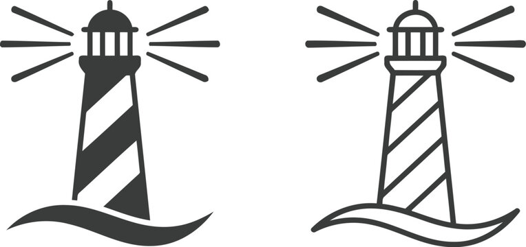 Set of two simple black and white lighthouse icons with light beams and ocean waves