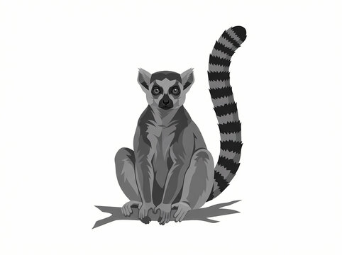 A detailed grayscale illustration of a ring tailed lemur sitting on a branch.