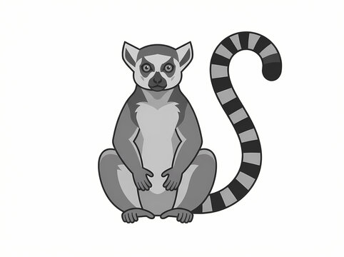A grayscale illustration of a ring tailed lemur sitting upright with its long striped tail curled.