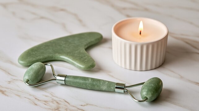Green jade face roller and gua sha stone