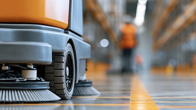 Industrial floor cleaning machine in warehouse with worker