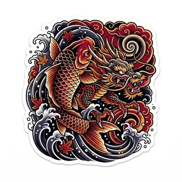 Japanese Irezumi Dragon Koi Fish Vector Sticker Logo
