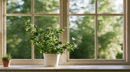 Obraz premium Green potted plant sits on wooden windowsill
