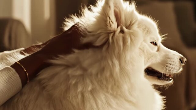 Close up hand petting thick white fur of fluffy Samoyed dog in warm indoor lighting. Side profile view of canine receiving affection from owner indoors.