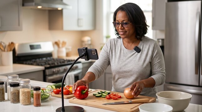Woman preparing fresh vegetables on a wooden cutting board in a brightly lit modern kitchen while recording a cooking tutorial video with her smartphone.