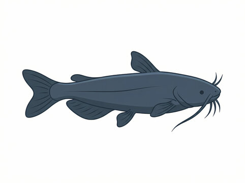 A detailed illustration of a dark blue catfish swimming in profile view.