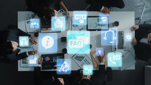 FAQ and online help icons show question, answer, and support system. FAQ improves online help experience, customer service quality, and FAQ knowledge access. Funnel