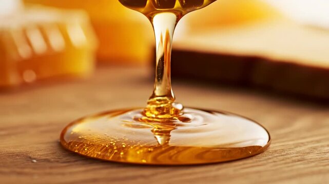 Extreme macro close-up of thick golden organic honey dripping from a wooden dipper onto a rustic wood surface, viscous liquid texture with small bubbles and warm soft lighting.