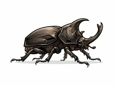 Detailed illustration of a powerful rhinoceros beetle with prominent horns.