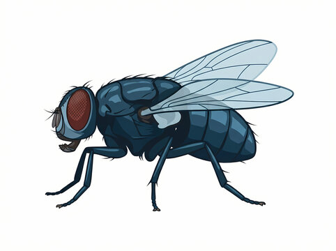 A detailed illustration of a common housefly standing on a plain white background.