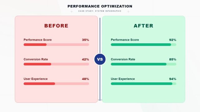 Performance Optimization Case Study Infographic Template with Comparison Layout for System Analysis and Data Visualization