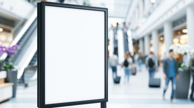Empty advertising board in busy shopping mall corridor
