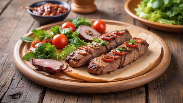 Traditional Turkish dish ?i? K?fte served on a wooden plate with a side of salad and flatbread
