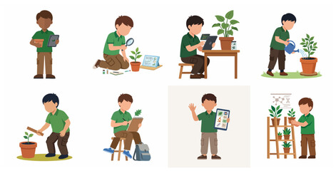 Fototapeta premium Young Students Studying Botany and Environmental Science Flat Vector Illustration Set