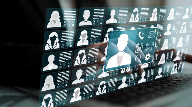 Digital interface displaying multiple user profiles with virtual avatars, data icons, and interactive elements for modern technology and networking concepts. Entropy.