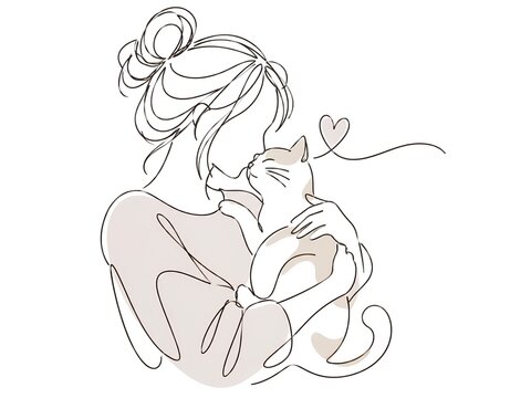 猫を抱く女性の線画イラスト