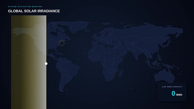 Global solar irradiance monitoring map interface with renewable energy generation capacity worldwide, for green technology, climate action, sustainable development, clean power