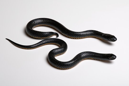 Two black snakes with yellow underbellies coiled on