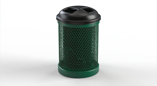 Green mesh waste bin with black lid isolated
